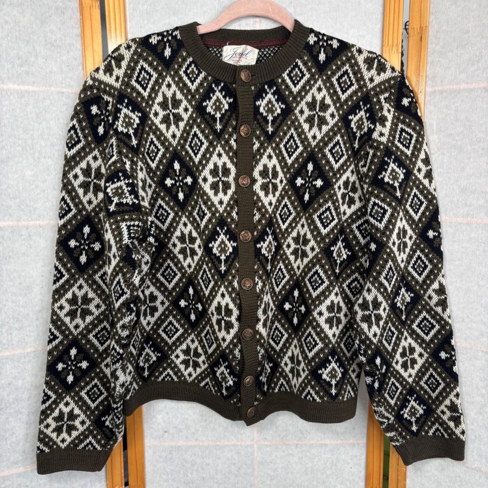 Vintage Jersild Virgin Wool‎ Fair Isle Cardigan Sweater Olive Green Geometric L